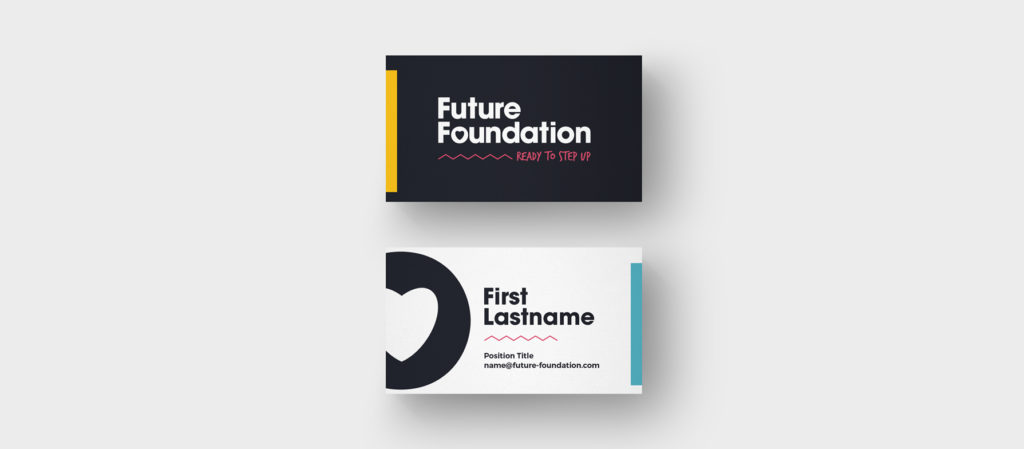 An image of the Future Foundation's business cards with logo and branding by the brandiD